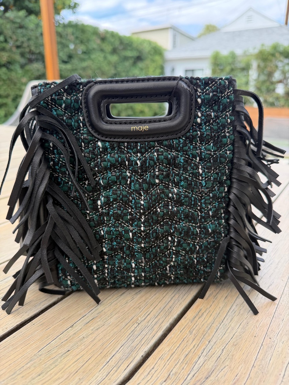 Maje Mini Tweed Fringed Bag – Green & Black – NWT